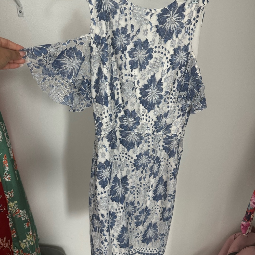 French Connection Floral Lace Dress in Blue and White